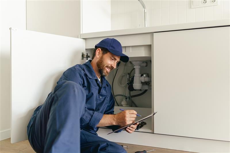 Residential plumber reviewing plumbing repairs in a Altamonte Springs kitchen
