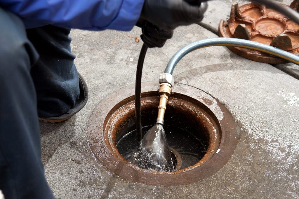 Plumber hydro jetting a sewer line through a manhole in Altamonte Springs