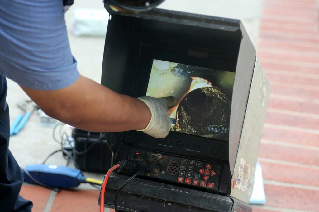 Technician viewing a drain inspection camera in Altamonte Springs